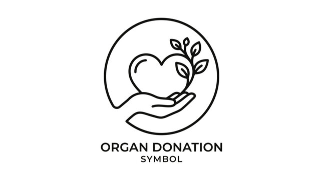 Organ donation symbol with a heart, a hand, and a small plant, representing life, health, and charitable giving