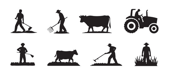 Agriculture icons set featuring farm workers with tractor cows and various manual tools for rural development. © Masudur