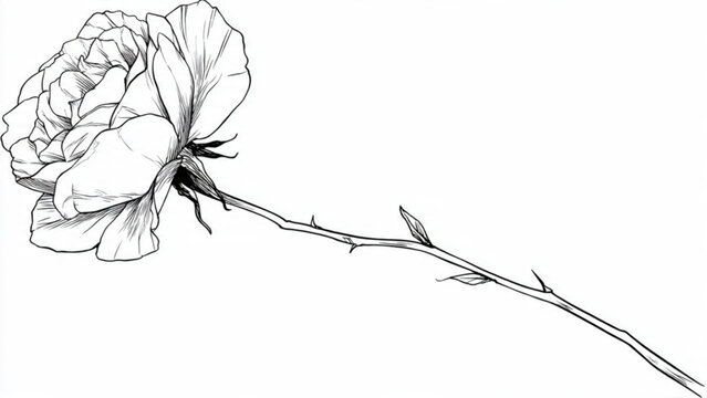 Detailed black and white line drawing of a single rose on a stem