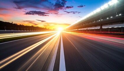 Obraz premium A speeding road scene at sunset with vibrant streaks of light