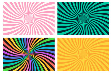 Obraz premium Backgrounds with sunburst, twisted candy pattern, strawberry yogurt swirls and rainbow spiral stripes. Abstract banners with color radial twisted rays, vector illustration