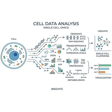 Single cell omics data analysis infographic diagram with analysis, genomics