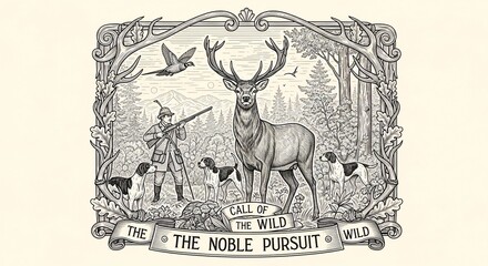 Obraz premium Whispers of the Woodland Hunt: A Detailed Engraving of Nature's Pursuit