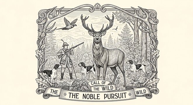 Whispers of the Woodland Hunt: A Detailed Engraving of Nature's Pursuit