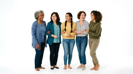 Obraz premium Group of five diverse multiethnic women of different ages standing together, laughing and linking arms against a white background