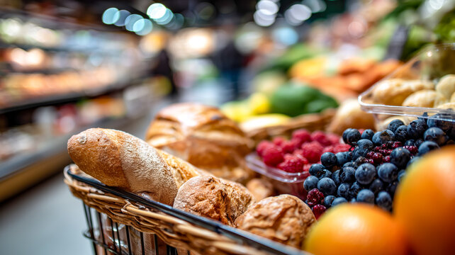 Abundant grocery cart filled with bread, berries, and oranges