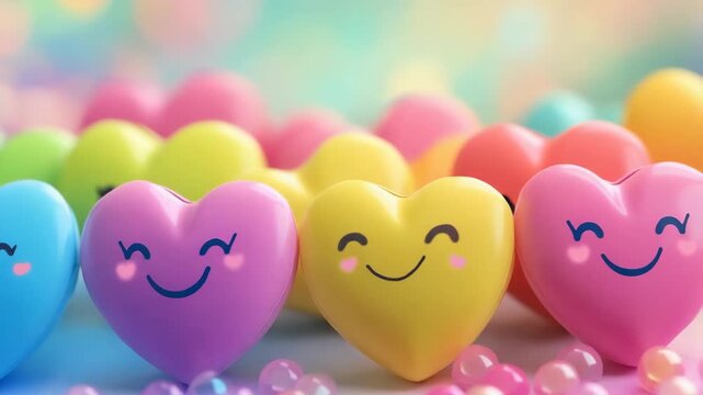 Bright heart-shaped candies with smiles are grouped together. Colors include pink, blue, yellow, and purple. This playful arrangement is set on a light background
