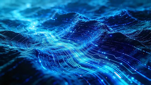 Blue glowing lines and light points flowing across undulating digital terrain