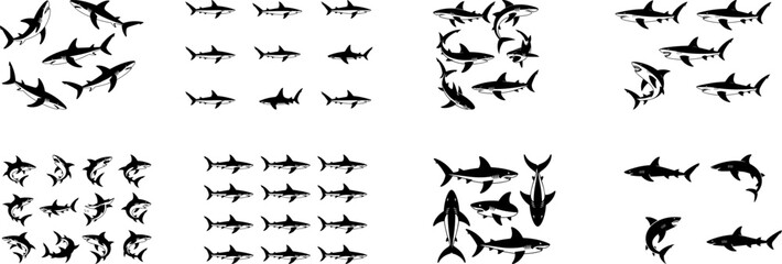Obraz premium Black and white shark silhouette group and school pattern set with various swimming poses for ocean, marine, and predator concept design