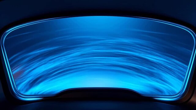Curved screen with blue neon frame inside futuristic dark tech device