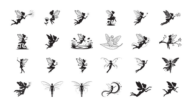 Black and white fairy pixie silhouette icon set with magic wand, dust, flower, mushroom, leaf, and wing for fantasy and enchanted design