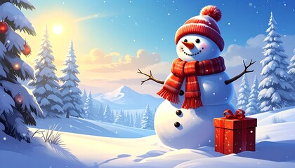 Obraz premium A snowman in a winter landscape with trees and a gift