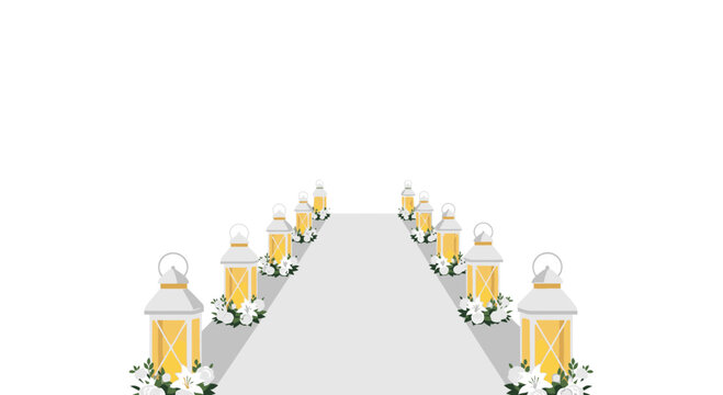 Wedding aisle with lanterns and flowers, white background