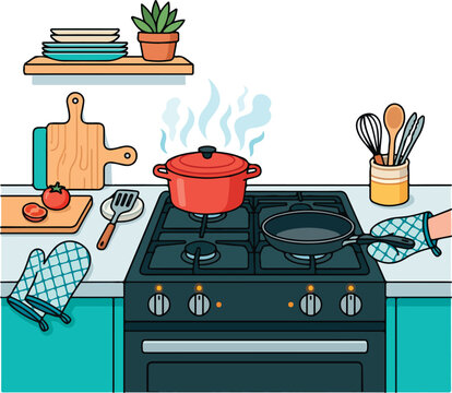A clean flat vector illustration featuring a hot kitchen surface safety concept