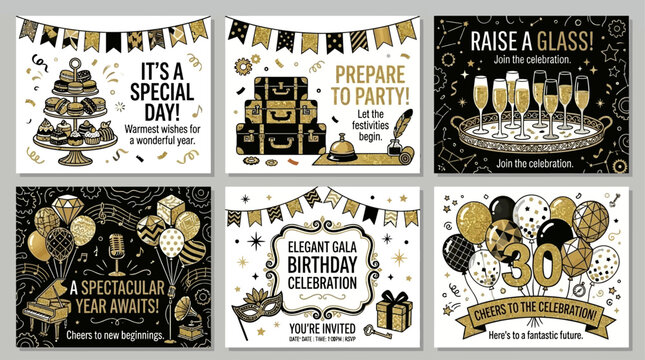 Sophisticated black and gold illustration collection for elegant invitations and greeting cards, perfect for festive events and memorable celebrations