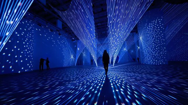 Immersive digital art installation, Enchanting Immersive Blue Light Environment Captivating Virtual Experience with Shimmering Digital Rays, Futuristic Network Lines