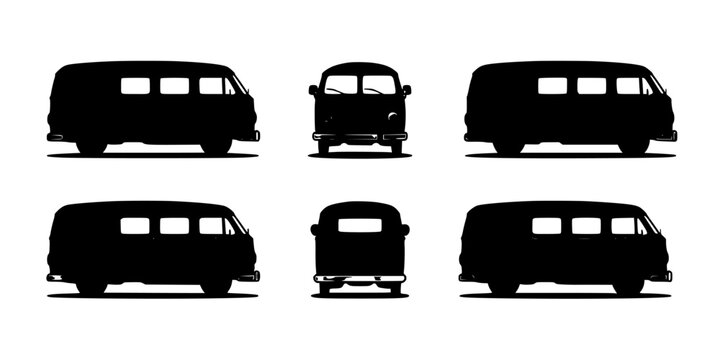Bus Icons Set of Six Silhouette-Style Front and Side Views on White Background Featuring Transportation, Public Transit, Shuttle with Van and Minibus