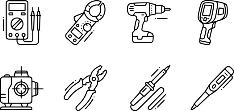 Electrical Tools and Electrician Equipment Line Icons Set - Multimeter Clamp Meter Hardware and Engineering Maintenance UI Vector Template