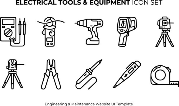 Electrical Tools and Electrician Equipment Line Icons Set - Multimeter Clamp Meter Hardware and Engineering Maintenance UI Vector Template