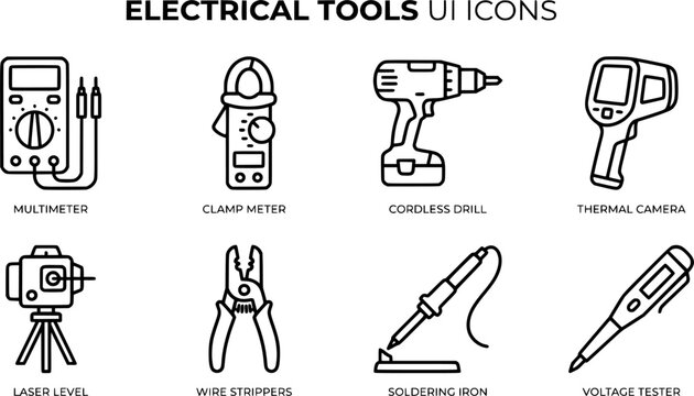 Electrical Tools and Electrician Equipment Line Icons Set - Multimeter Clamp Meter Hardware and Engineering Maintenance UI Vector Template