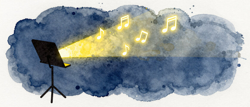 Aquarell Illustration eines Notenst&auml;nders mit leuchtenden Noten