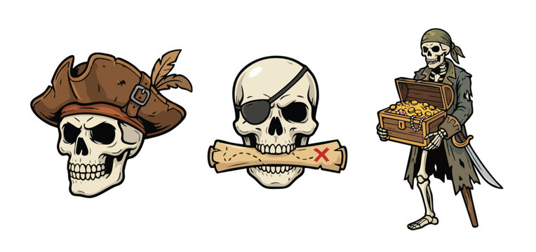 Pirate Skulls and Skeleton with Treasure Chest Illustration