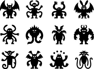 Obraz premium Black silhouette cute cartoon demon and alien monster character icon set with wing, horn, antenna, tail, and fang for halloween and game design
