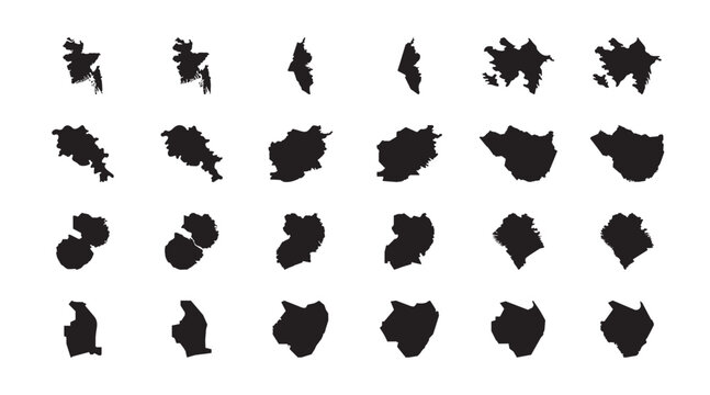 Black silhouette country map shape icon set with bangladesh, azerbaijan, armenia, afghanistan, botswana, uganda, guinea, and niger geography design