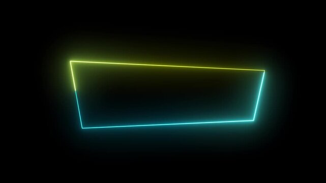 Neon glowing rectangular frame with moving cyan and yellow light border on black background rectangle