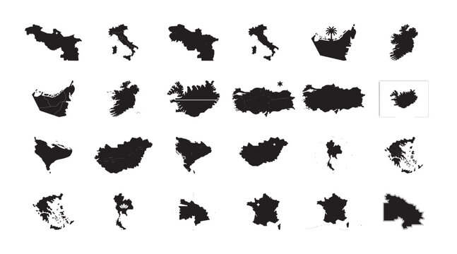 Black silhouette european country map shape icon set with italy, ireland, iceland, turkey, greece, france, and hungary geography design elements