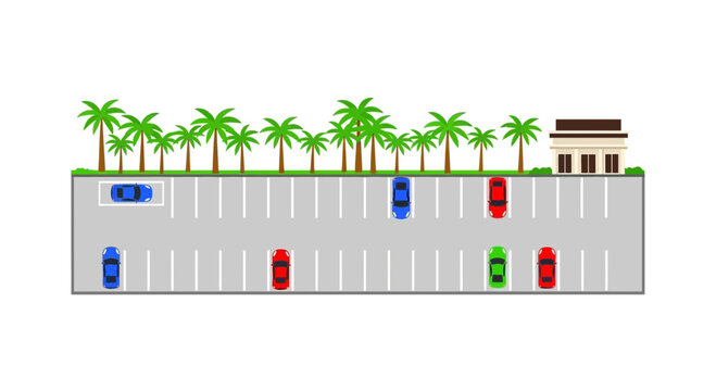 Parking Lot with Palm Trees and Building, Flat Design, Transportation Concept