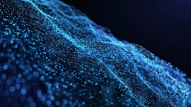 Abstract Blue Digital Wave of Data Particles in Motion.