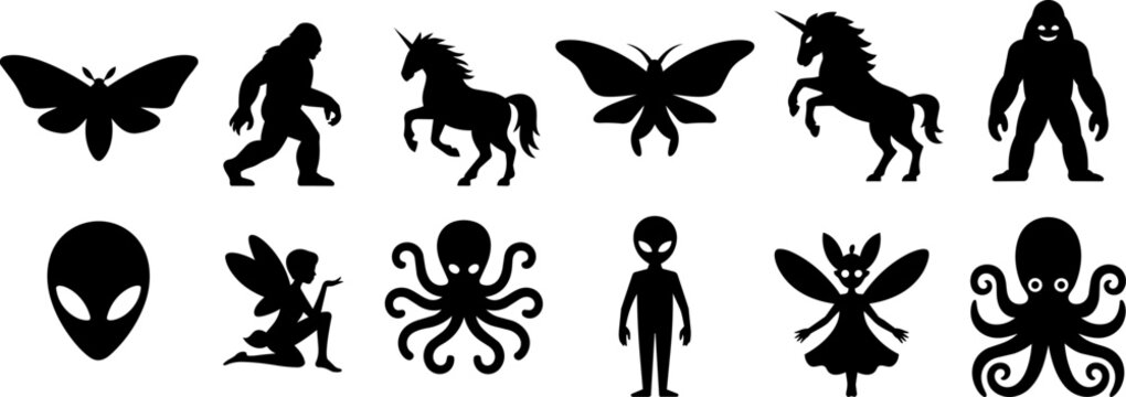 Black silhouette mythical creature icon set with mothman, bigfoot, unicorn, butterfly, alien, fairy, octopus, and fantasy character design