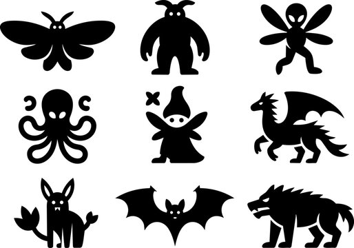 Black silhouette mythical creature icon set with mothman, octopus, alien, gnome, dragon, bat, werewolf, and wolf for halloween fantasy design