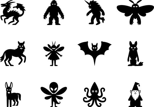 Black silhouette mythical fantasy creature icon set with dragon, bigfoot, werewolf, fairy, bat, alien, octopus, gnome, and mothman horror design