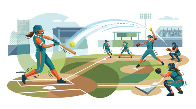A dynamic illustration captures the action of a women's softball game with a batter swinging at a pitch, a catcher ready, and fielders in position on a vibrant baseball field