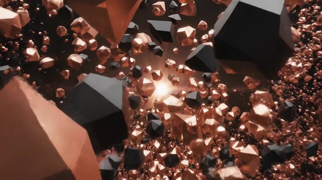An abstract 3D animation of copper and black geometric crystals exploding and flying towards the camera against a dark background with light flare.