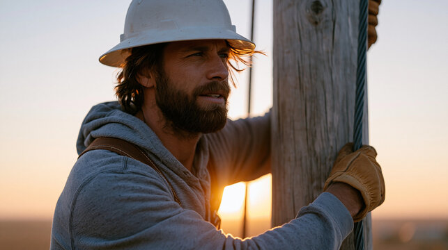 Rural broadband installation technician secures fiber optic cable to a wooden utility pole at golden hour, farmland stretching to horizon, connectivity infrastructure expansion