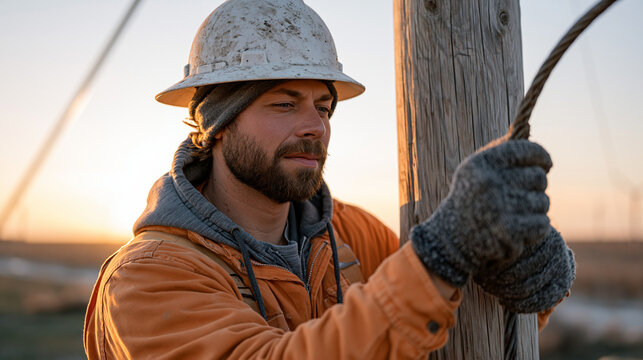 Rural broadband installation technician secures fiber optic cable to a wooden utility pole at golden hour, farmland stretching to horizon, connectivity infrastructure expansion