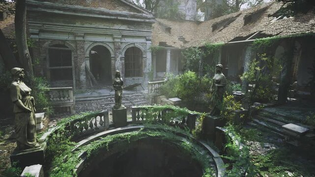 Golden cloister with verdant central well and warm late light, lush groundcover around stone rim, softened shadows across arches, soothing pastoral mood