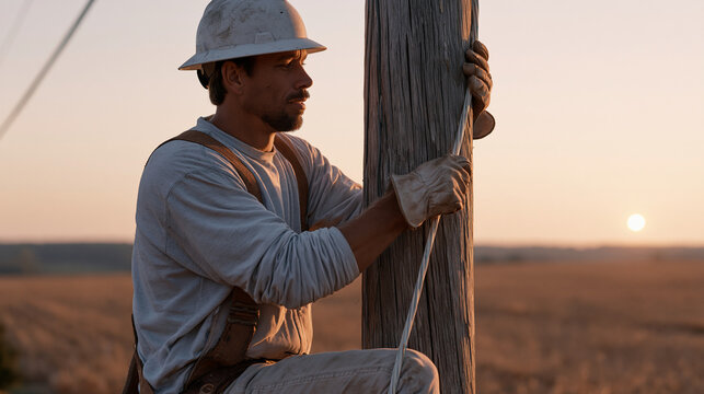 Rural broadband installation technician secures fiber optic cable to a wooden utility pole at golden hour, farmland stretching to horizon, connectivity infrastructure expansion