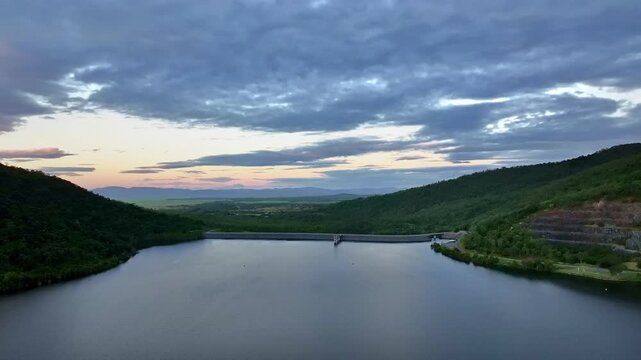 Spectacular Aerial sunset of Proserpine Dam Queensland Australia