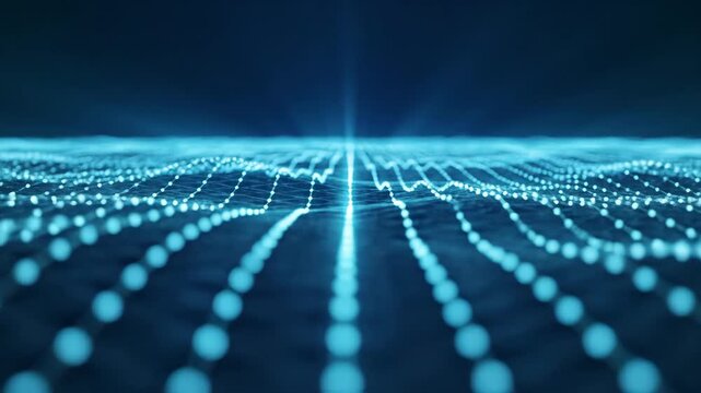 Blue neon data grid streams across a digital landscape.