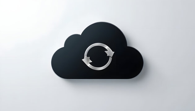 Cloud computing sync icon featuring dark black cloud and silver refresh arrows on white background representing data backup storage synchronization network services wireless connectivity solutions.