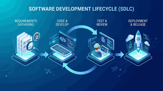 Visual representation of the iterative software project lifecycle, detailing stages from conceptualization to deployment and delivery