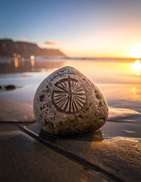 A stone with a carved symbol on a beach at sunset