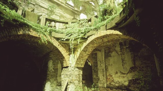 Closeup of weathered brick arches with creeping ivy and textured mortar, warm diffused light highlighting cracks and spores, intimate perspective showing layers
