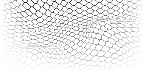 Fishing or soccer net. Repeated hexagon pattern. Black wired mesh texture isolated on white background. Metallic or fabric fence, cage or lattice structure. Vector graphic Illustration. © ryan