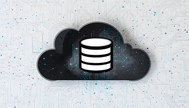 Cloud computing concept with database server icon in center, representing data storage and digital information management within a futuristic network environment.