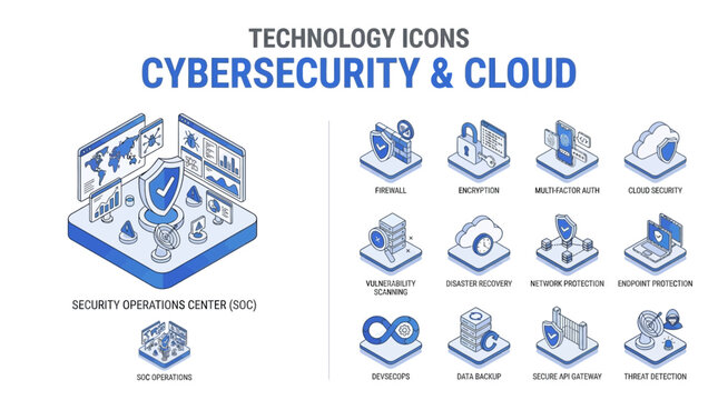 Integrated digital defense system icons for robust cloud security, data management, and operational resilience